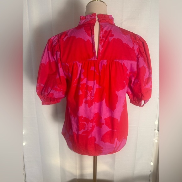 Sugarlips Floral Puff Sleeve High Neck Blouse Red Pink Size Small - Picture 7 of 8